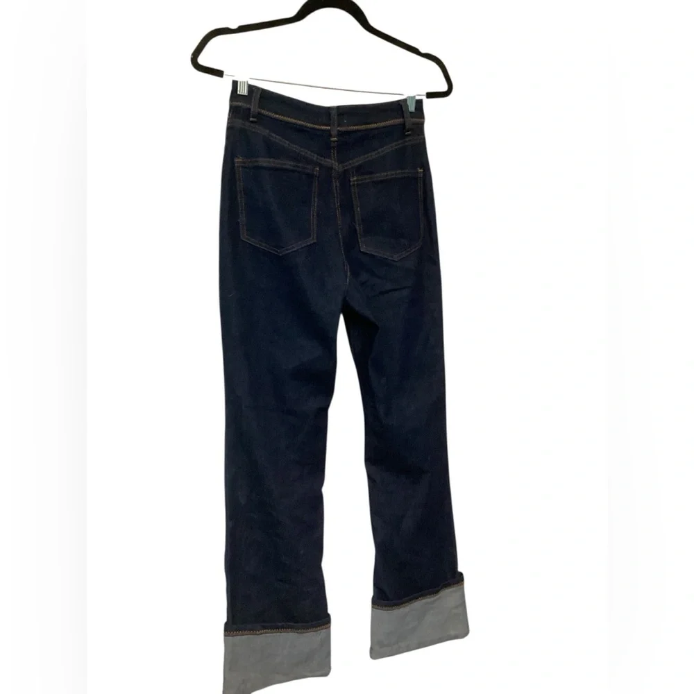 High Waist Cuffed Flare Leg Jeans In Dark Rinse Wash - Picture 4 of 7